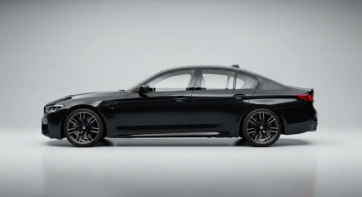 Black sedan in a studio, side view, with clear factory glass