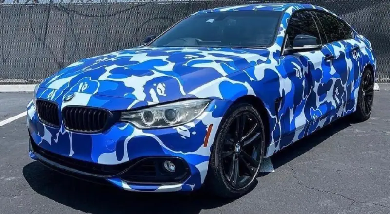 BMW 4 series in a blue camouflage printed wrap