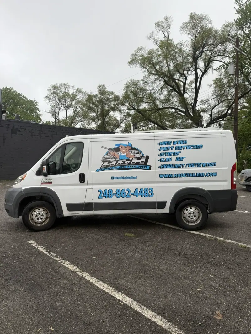 White Ram ProMaster van with blue printed graphics, side view