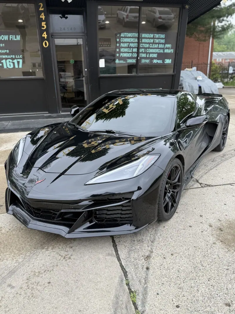 Black Chevy Corvette C8, front three quarter view
